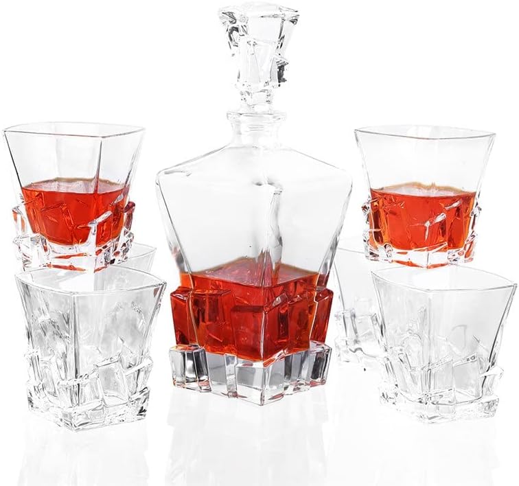 Комплект чаши за уиски EODNSOFN със стъклен decanter за уиски Набор от 6 Старомоден чаши чудесно за лепенката и бърбън