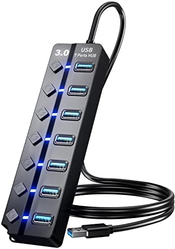 Хъб USB 3.0, PANPEO 7-Портов USB Сплитер за пренос на данни с удлинителем USB-кабел с дължина 3 метра за лаптоп, PC, Surface Pro, PS4/5, флаш памет, мобилен твърд диск - с индивидуален вклю