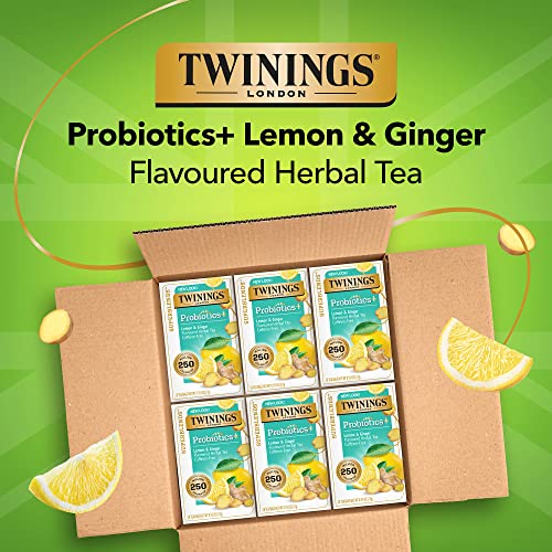 Twinings Superblends Пробиотици + Билков чай с вкус на лимон и джинджифил с куркума, без кофеин, 18 порции (опаковка от 6 броя)