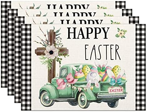 Комплект Кърпички за един Щастлив Великден, 4,12x18 Инча, Карирани камион от Бъфало с Яйца, Топлоустойчива Подложки
