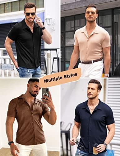 Мъжки ризи с копчета COOFANDY, Кубинска Риза от Рубчатого Фланелка с Къс ръкав, Приталенные Ежедневни Блузи Летни