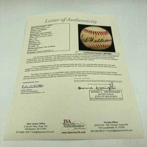 Ретро Тед Уилямс подписа Бейзболен договор с Американската Лига на Макфейл с помощта на JSA COA - Бейзболни Топки С Автографи