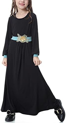Дълго Мюсюлманската рокля lcziwo за момичета 8-17 години, всеки ден на Макси Рокля с Цветен Блок и колан, с дълъг ръкав и