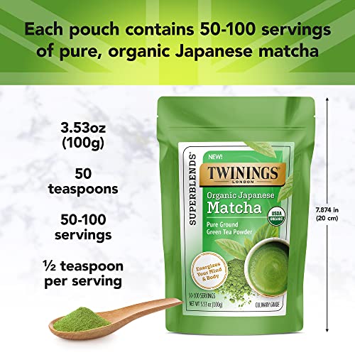 Twinings Органичен Японски Мач, Чист Черен Зелен Чай на прах Кулинарно качество, 3,53 Мл / 100 g Пакетчета