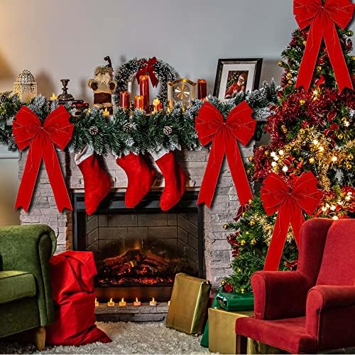 2 пакета Червени Коледни Бантов за Външни декорации, 12 x 20 Голям Velvet Венец-Лък с Лъскава Нишка и Златен