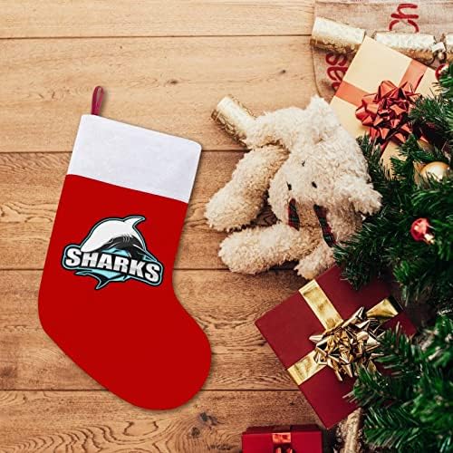 Коледни Чорапи с Логото на Акула от Червено Кадифе, с Бял Пакет шоколадови Бонбони, Коледни Украси и Аксесоари за