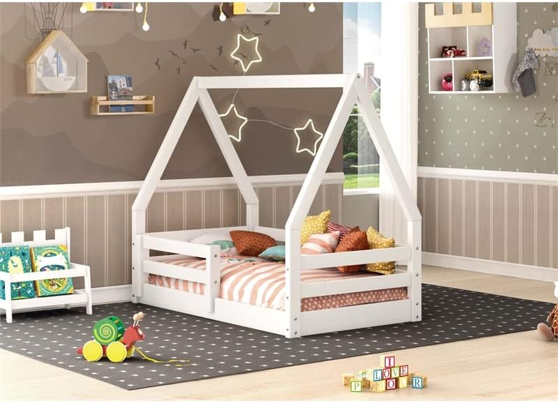 Рамка на легло за деца Eden Home Модерен от масивно дърво с балдахинами за покрива на белия цвят