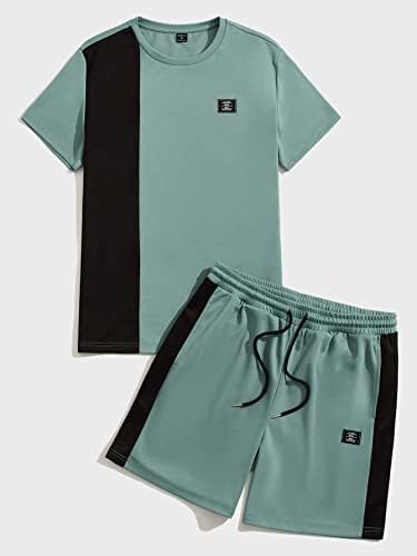 FIOXA Комплект дрехи от две части за мъже, Мъжки топ с заплатками и цветни блокчета, комплект спортни шорти (Цвят: многоцветен,
