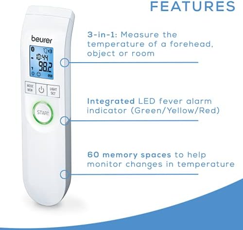Безконтактен термометър Beurer Bluetooth, Челото, Предмет, Стайна температура, Висока точност, Дисплей със синя подсветка