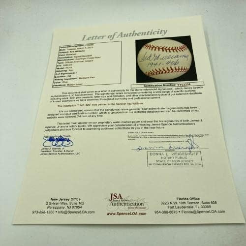 Мента Тед Уилямс 1941 - .406 Подписа Официално споразумение на Американската лига бейзбол JSA COA - Бейзболни топки