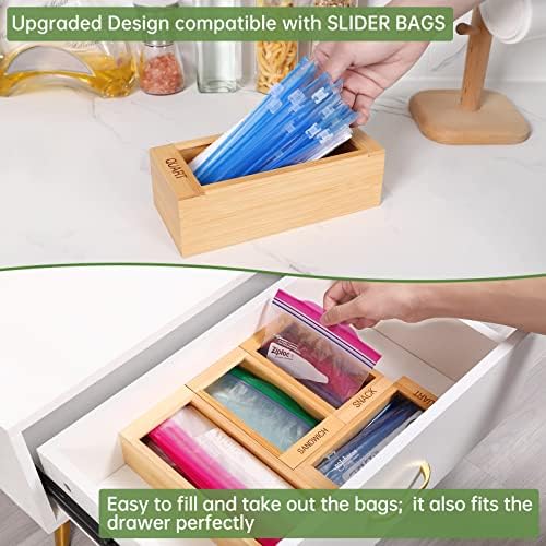 Органайзер за чанти Ziplock, Органайзер за кухненски кутии от естествен бамбук, държач за найлонови торбички,