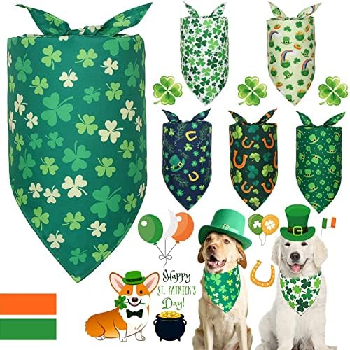 Кърпи за кучета в Деня на Св. Патрик - 6 опаковки Ирландска Детелина, Триъгълен Шал с Трилистником, Регулируеми Престилки за