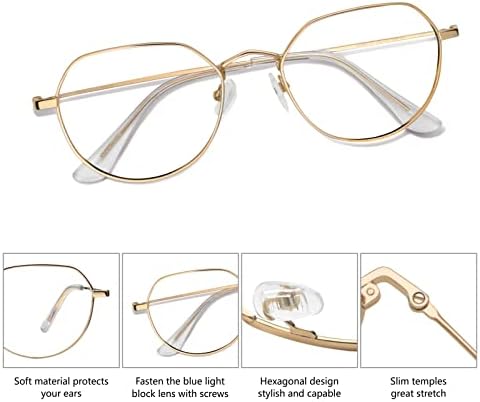 OLIVENA Gold Blue Light Блокер Очила, Метална Дограма За Жени, Тънка Шестоъгълен Рамки За Очила, слънчеви Очила с Защита От