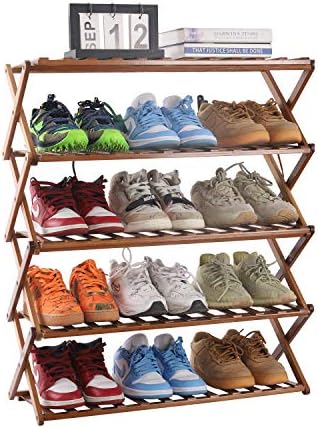 PENGKE 5 Нива, Рафтове За Обувки, на много нива Сгъваем Бамбукови Рафтове-Органайзер За Обувки, богат на функции