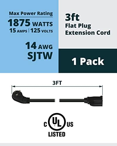 Удължителен кабел за захранване Lightkiwi с 3-метрова равна вилица, 1 опаковка, Кратък удължител 14AWG SJTW, нисък