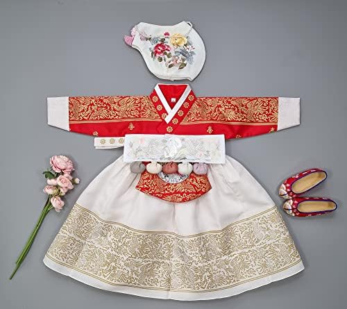 Ханбок За малки Момичета, Корейски, Традиционен Комплект Дрехи с Принтом от Червено Злато, Честването на Първия Рожден Ден