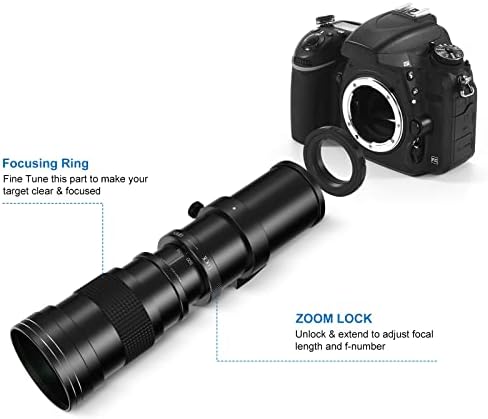 Телеобектив Lightdow 420-800 мм f/8,3 с ръчно увеличение + Т-Образна скоба за обективи фотоапарати Nikon