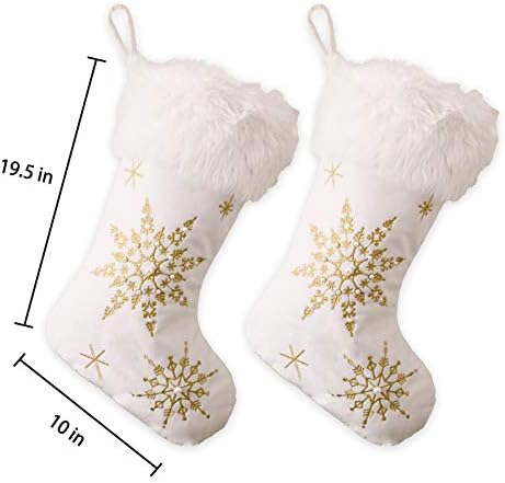 Коледни Чорапи Ushinemi Голям Бял Коледни Чорапи с бродерия на кръстат бод под формата на Златни Снежинки, Кожа, 2 бр.